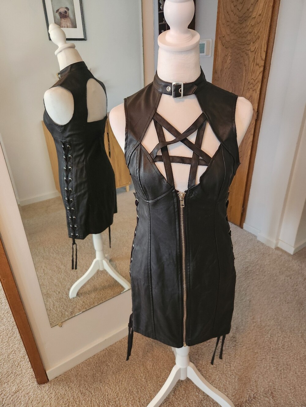 Killstar Oh My Mistress Faux Leather Strappy Pentagram Front Mini Dress